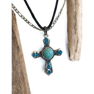 Turquoise Cross Rhinestone Pendant Alloy Double Strand Fashion Necklace 18"